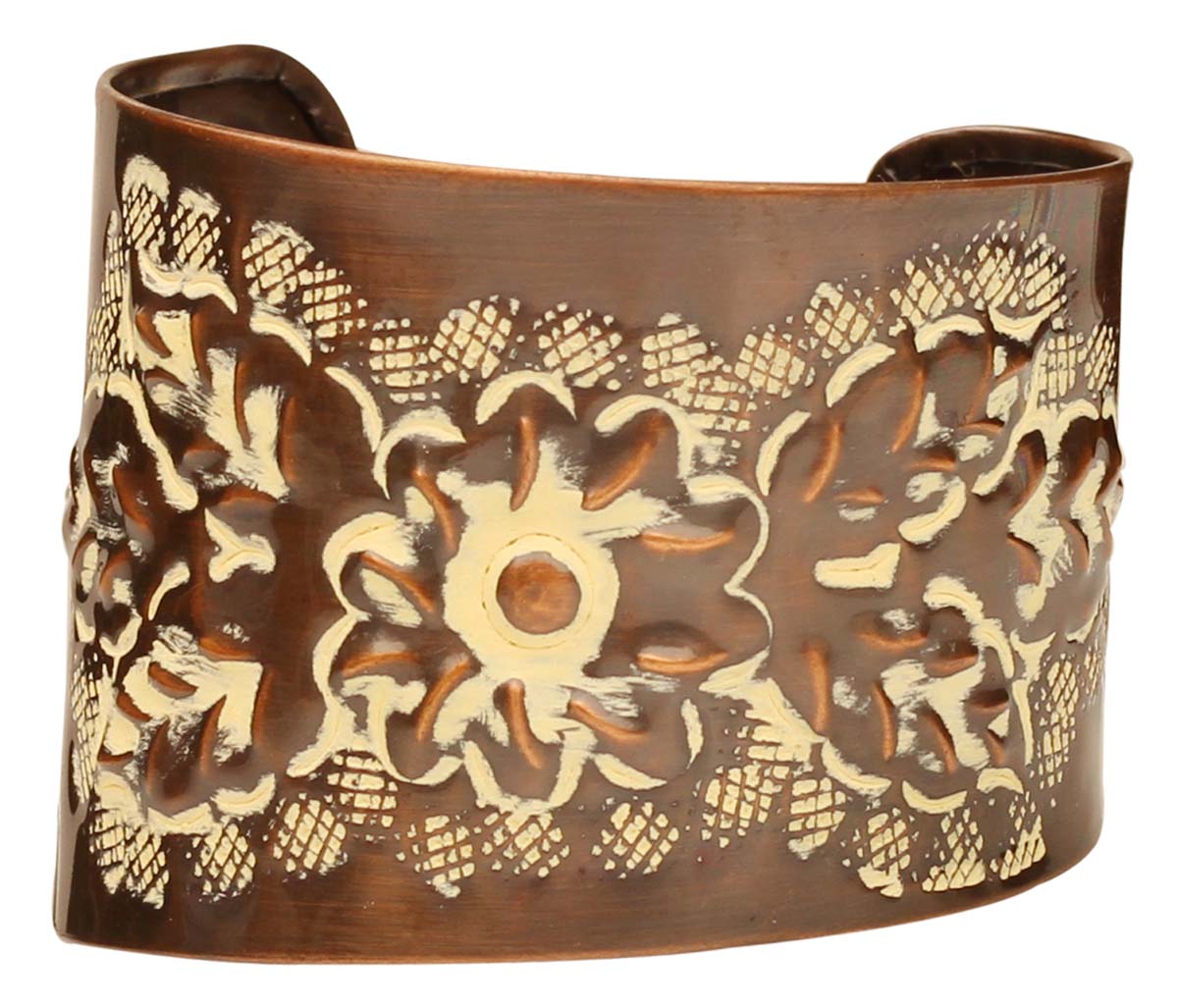 2.3” Brass Cuff Bracelet with Embossed Floral Texture - Copper with Cream Tone Hints - Chic Accessories / Jewelry / Gifts for Her - Buy in Bulk Wholesale